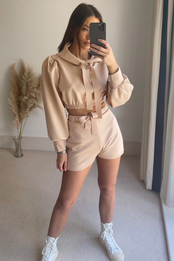 Autumn Winter Women’s Solid Color Hooded Puff Sleeve Shorts Suit