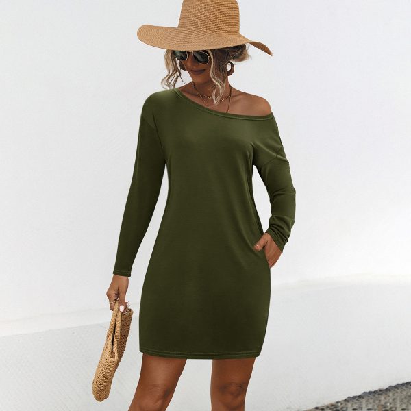 Loose Long Sleeve Off-the-Shoulder Pocket Dress for Women - Image 3