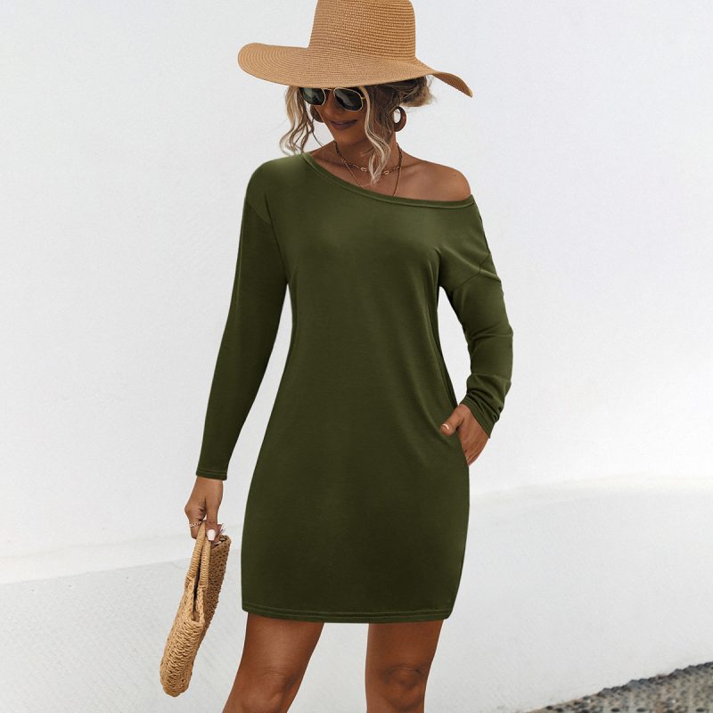 Loose Long Sleeve Off-the-Shoulder Pocket Dress for Women - Image 3