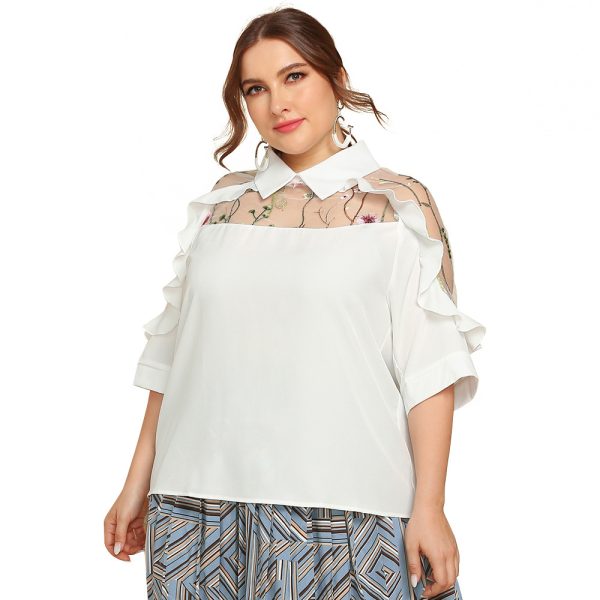 Plus Size Collared See-Through Embroidered Half Sleeve Shirt - Image 5