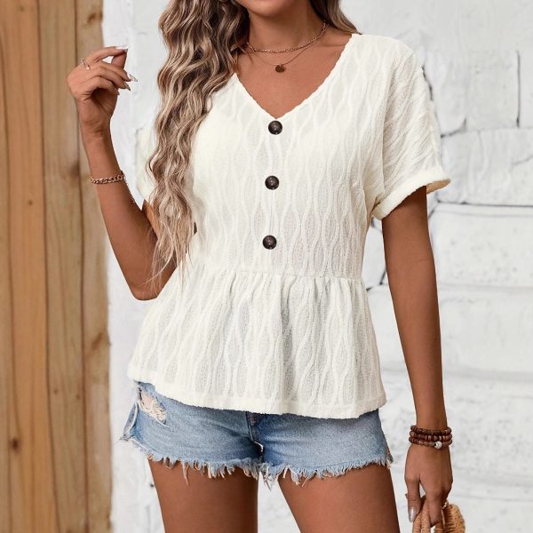 Summer V-Neck Solid Color Short-Sleeved Casual Top for Women