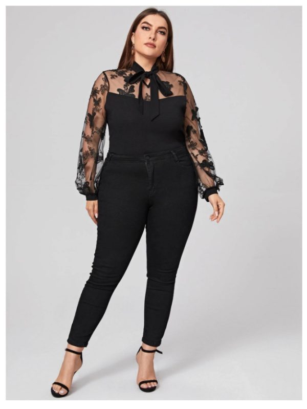 Plus Size Mesh Stitching Lace-Up Long Sleeve Shirt - Image 4