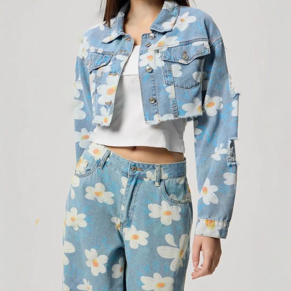 Floral Print All-Match Short Denim Coat for Women