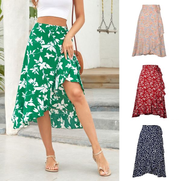 Popular One-Piece Printed Lace-up Sheath Irregular Asymmetric Casual Skirt - Image 4