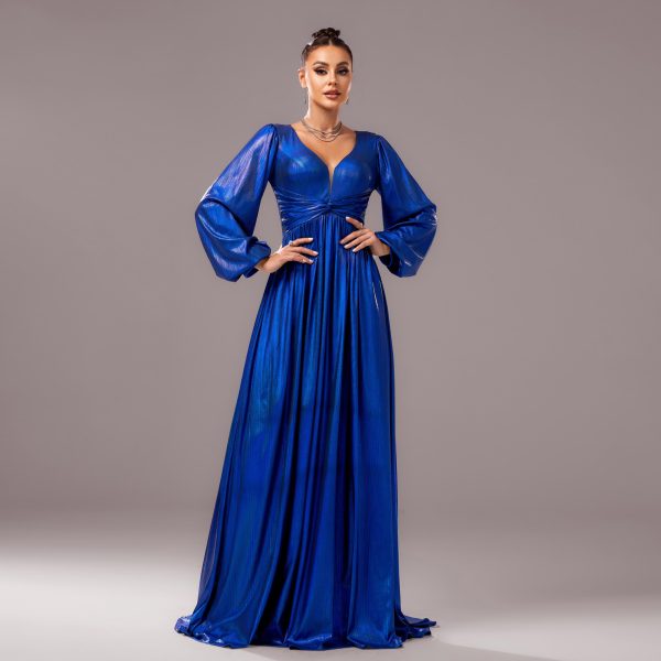 Long Sleeved V-Neck Cocktail Bronzing Waist-Controlled Large Hem Evening Dress - Image 3