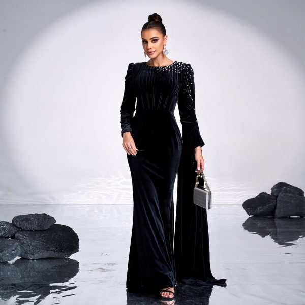 Crew Neck Long Sleeve Rhinestone Wrapped Hip Cocktail Evening Dress - Image 3