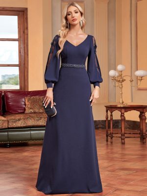 Long Sleeve V-Neck Bead Fishtail Maxi Evening Dress