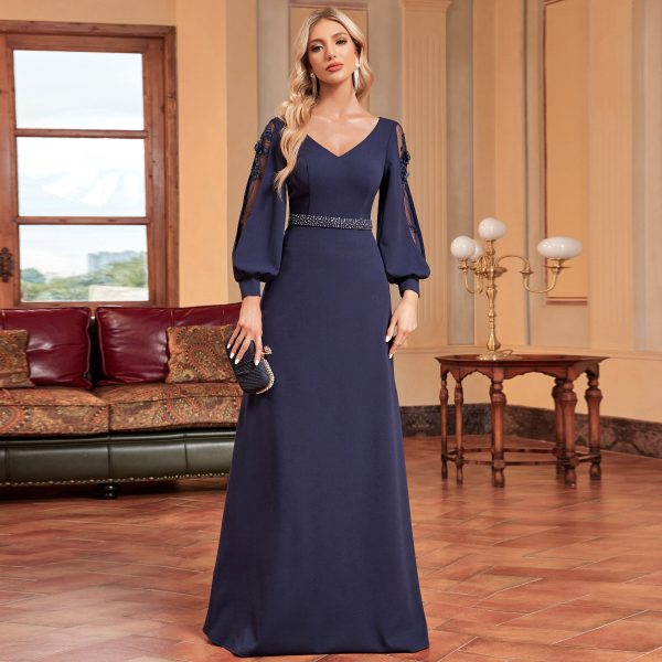 Long Sleeve V-Neck Bead Fishtail Maxi Evening Dress