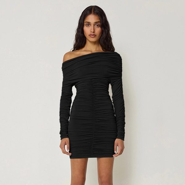 Sexy Off-Neck Pleated Long Sleeve Tube Dress for Women - Image 2