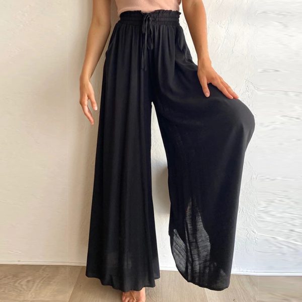 Summer Solid Color Elastic Waist Wide Leg Casual Pants - Image 3