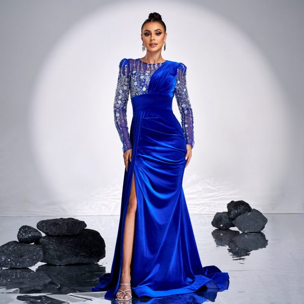 High-End Long Sleeve Crew Neck Sequin Heavy Work Cocktail Evening Dress