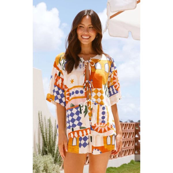 Casual Loose Printed Short Sleeve Home Wear Set - Image 2