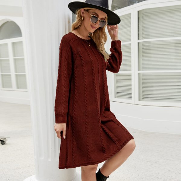 Fall Winter Solid Color Long Sweater Dress Round Neck Twisted Loose A-Line Knitted Dress - Image 4