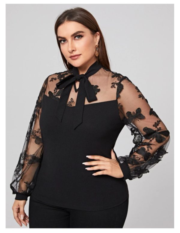 Plus Size Mesh Stitching Lace-Up Long Sleeve Shirt - Image 2