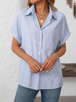 Spring Summer Women’s Loose Short Sleeve Striped Shirt with Pockets