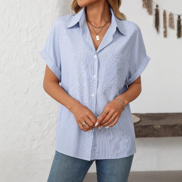 Spring Summer Women’s Loose Short Sleeve Striped Shirt with Pockets