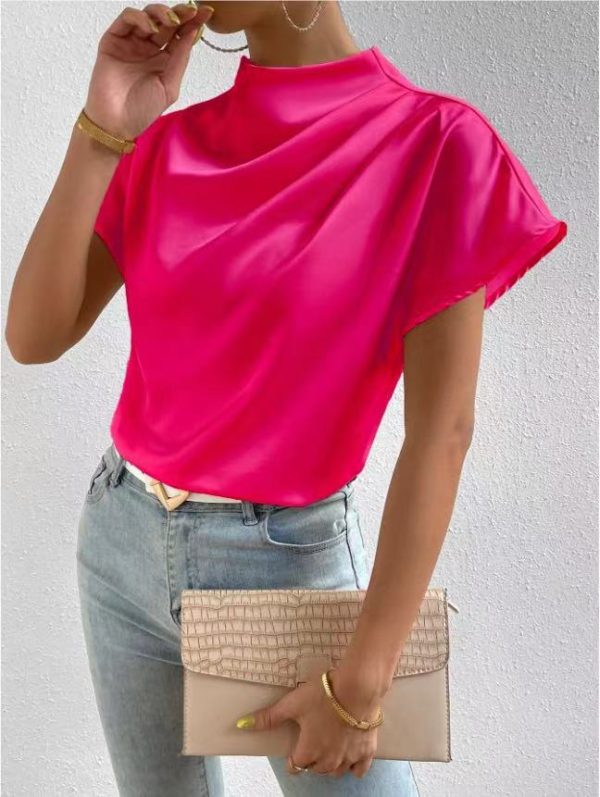 Round Neck Short Sleeve Left Shoulder Pleated T-shirt Satin Women Top - Image 4