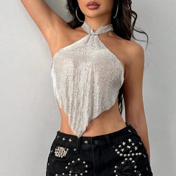 Metal Sequin Sexy Halterneck Suspender Top - Image 2