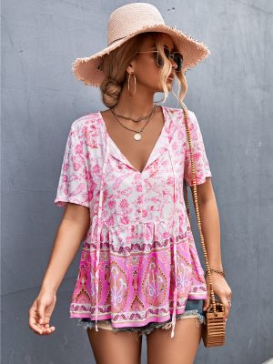 Spring Summer Bohemian V-Neck Lace-Up Floral Top for Women