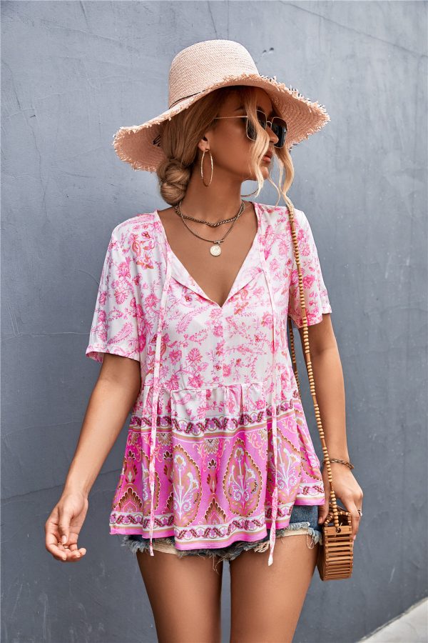 Spring Summer Bohemian V-Neck Lace-Up Floral Top for Women