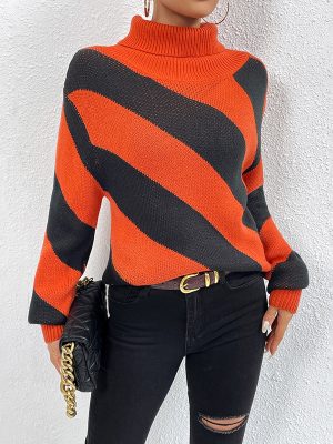 Autumn Winter Turtleneck Pullover Contrast Color Diagonal Striped Knitted Bottoming Shirt