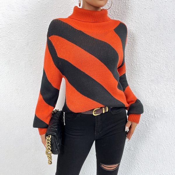 Autumn Winter Turtleneck Pullover Contrast Color Diagonal Striped Knitted Bottoming Shirt