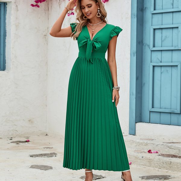 Elegant Beach Dress Slim Fit Sexy Ruffle Sleeve Chiffon Pleated Solid Color Dress for Women - Image 2