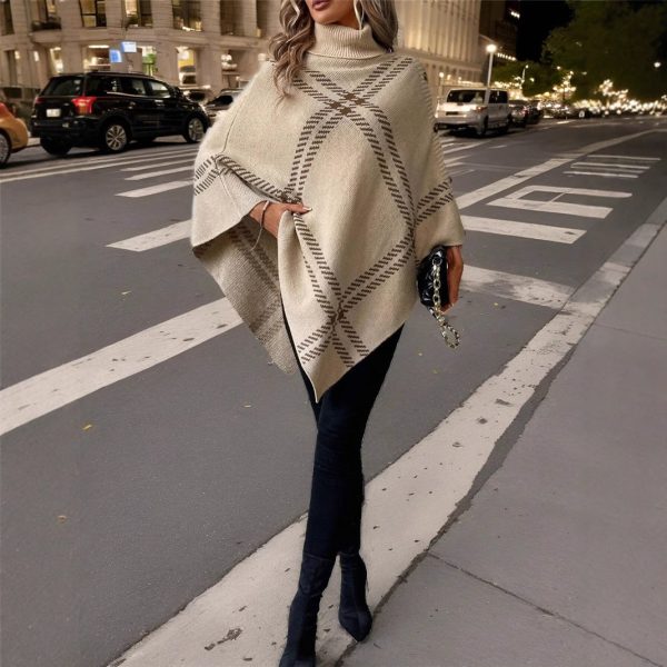 Autumn Winter Plaid Cloak Batwing Turtleneck Knitted Sweater - Image 2