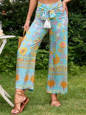 Women’s Printed Wide-Leg Pants with Rope Belt