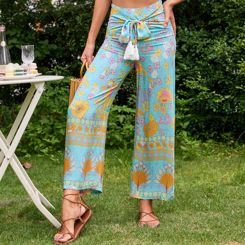 Women’s Printed Wide-Leg Pants with Rope Belt