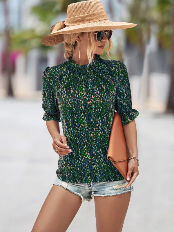 Popular Ruffled Collar Printed Short Sleeve Shirt Elegant - Image 3