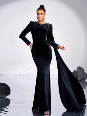 Crew Neck Long Sleeve Rhinestone Wrapped Hip Cocktail Evening Dress