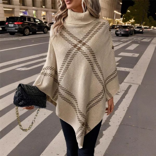 Autumn Winter Plaid Cloak Batwing Turtleneck Knitted Sweater - Image 4