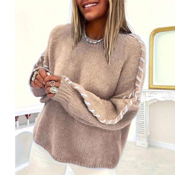 Women’s Loose Round Neck Contrast Color Long Sleeve Top - Image 5