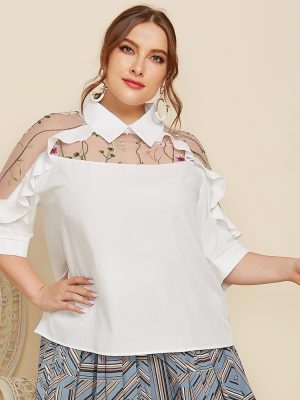 Plus Size Collared See-Through Embroidered Half Sleeve Shirt