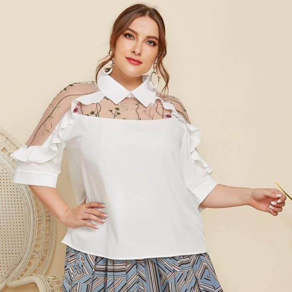 Plus Size Collared See-Through Embroidered Half Sleeve Shirt