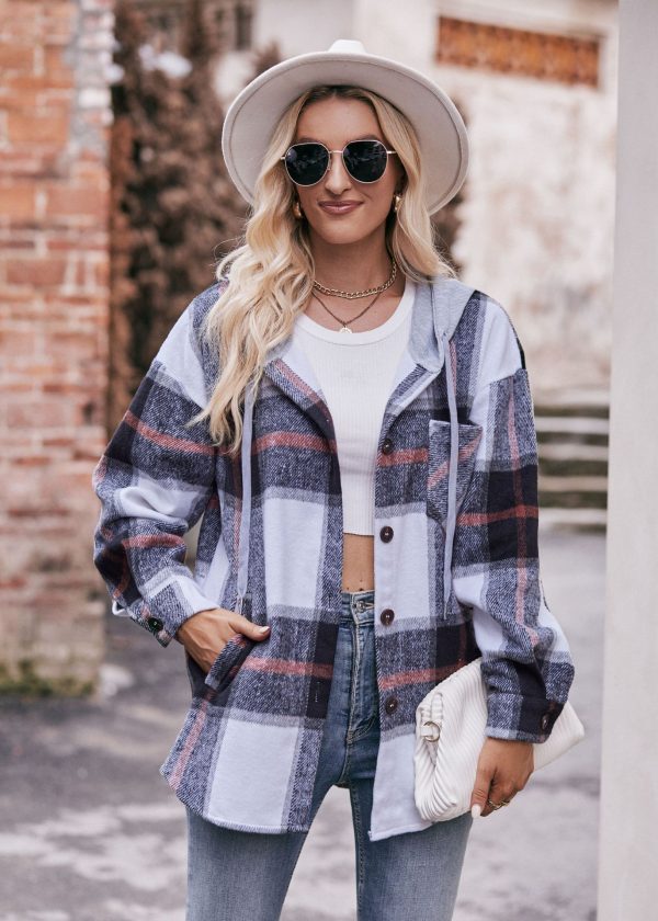 Women’s Autumn Winter Hooded Casual Plaid Shirt Jacket - Image 3