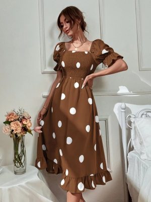 Dotted Print Puff Sleeve Frill Dress for Women