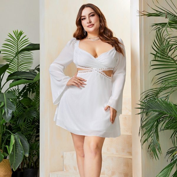 Plus Size Sexy Women Flared Sleeves Wrapped Chest Hollow Out Party Dress