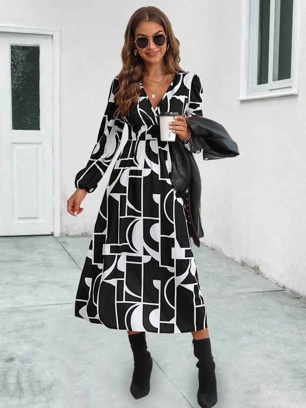 Popular V-Neck Printed Long Sleeve Dress for Women - Image 4