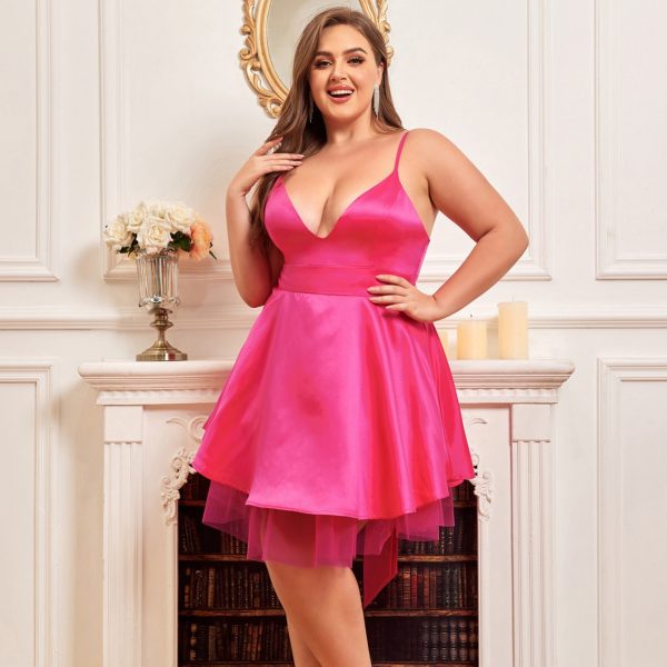 Plus Size Rose Red V-Neck Sleeveless Slimming Waist Puffy Dress - Image 2