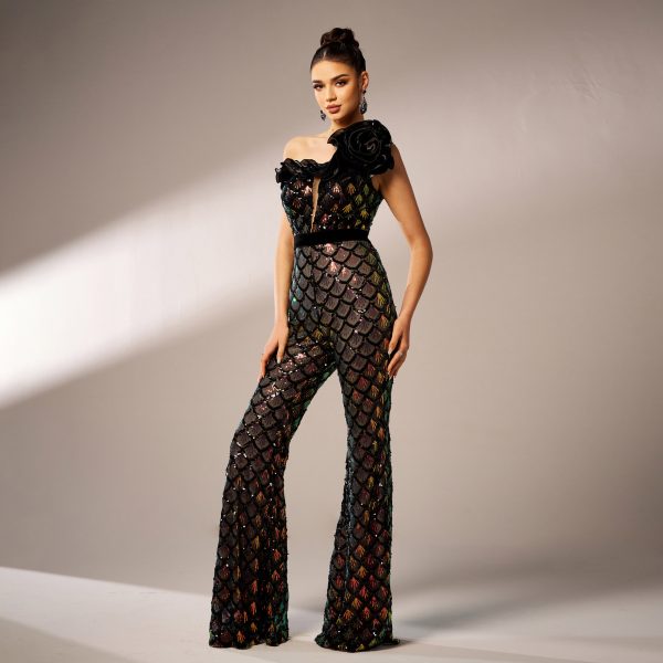 High-Grade One Shoulder Diagonal Collar Sequin Slim Fit Evening Dress - Image 3