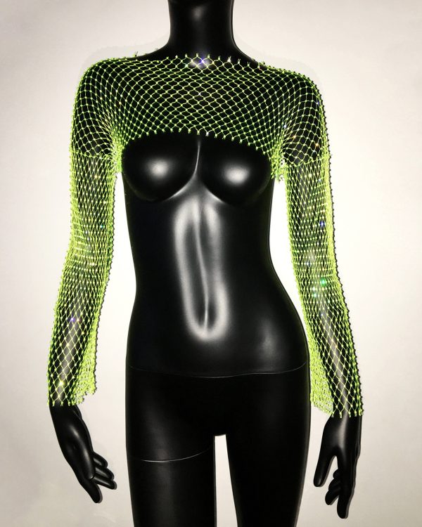 Fishnet Rhinestone Long-Sleeve Stretch Top - Image 4