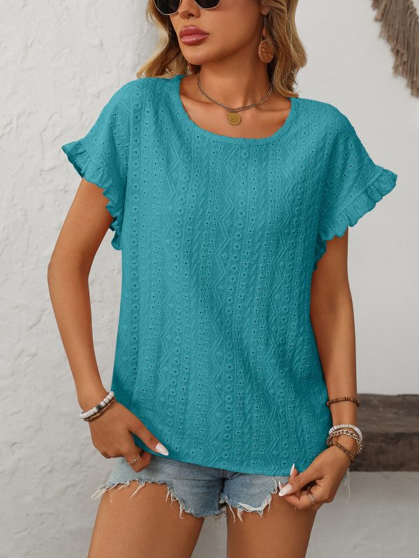 Women’s Spring Summer Solid Color Round Neck Short Sleeve Cutout T-Shirt - Image 7