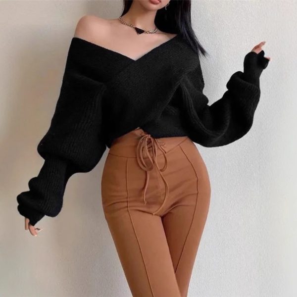 Autumn Winter Off-Shoulder Asymmetric Loose Fit Sweater - Image 3