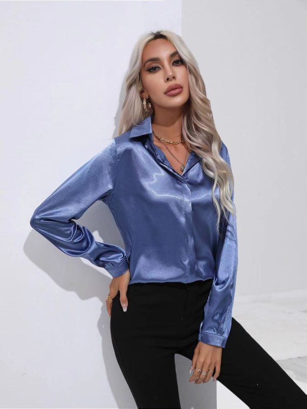 One Button Satin Shirt Office Long Sleeve Shirt Spring Summer Loose Top - Image 4