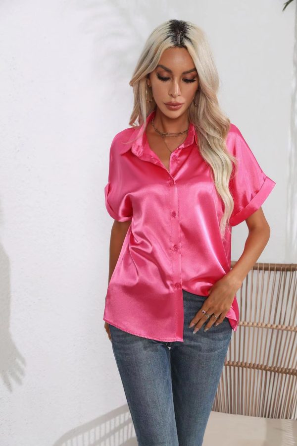 Women’s Satin Button Shirt Short Sleeve Casual Loose Top - Image 3