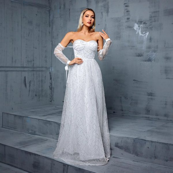 Off-Shoulder Backless Slit Tube Top Evening Wedding Dress