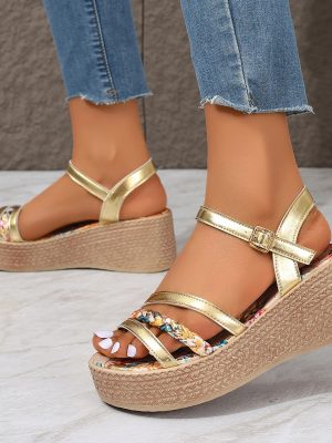 Knitted Belt Open Toe Floral Platform Sandals