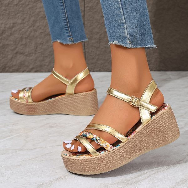 Knitted Belt Open Toe Floral Platform Sandals